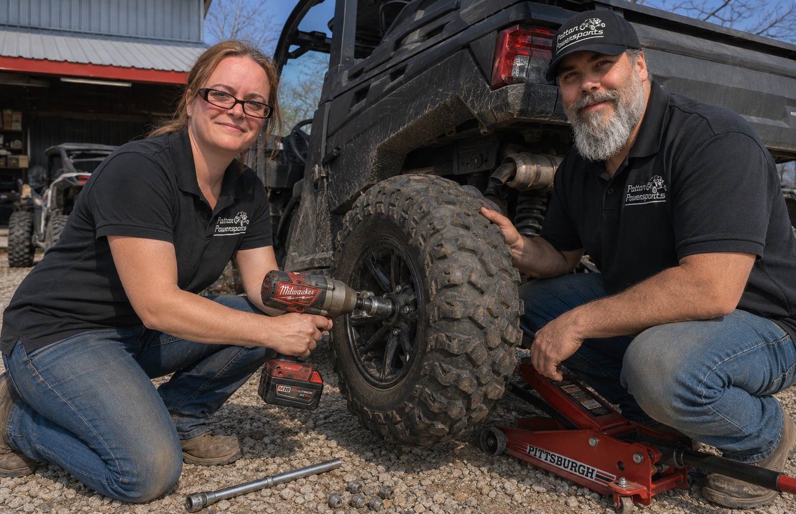 Patton Powersports team removing a UTV wheel for tire and hub service